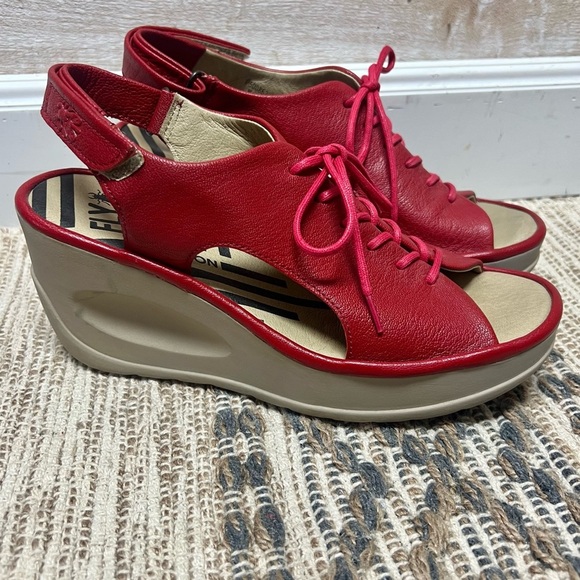 Fly London Wedge Sandals‎ Womens US 7 EUR 38 Red Lace Up Open Toe Shoes - Picture 1 of 12